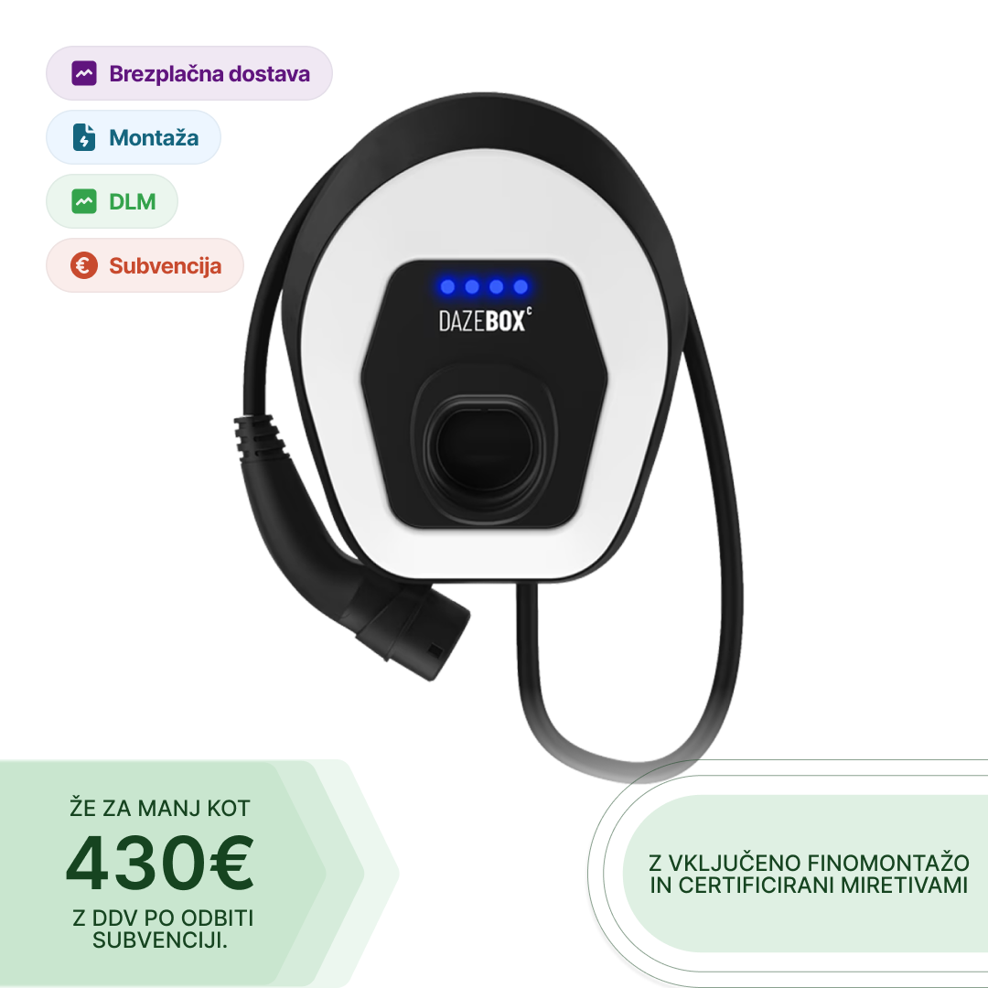 Polnilnica Dazebox C do 22 kW, Type 2 s kablom, DLM in vključena montaža za dom.