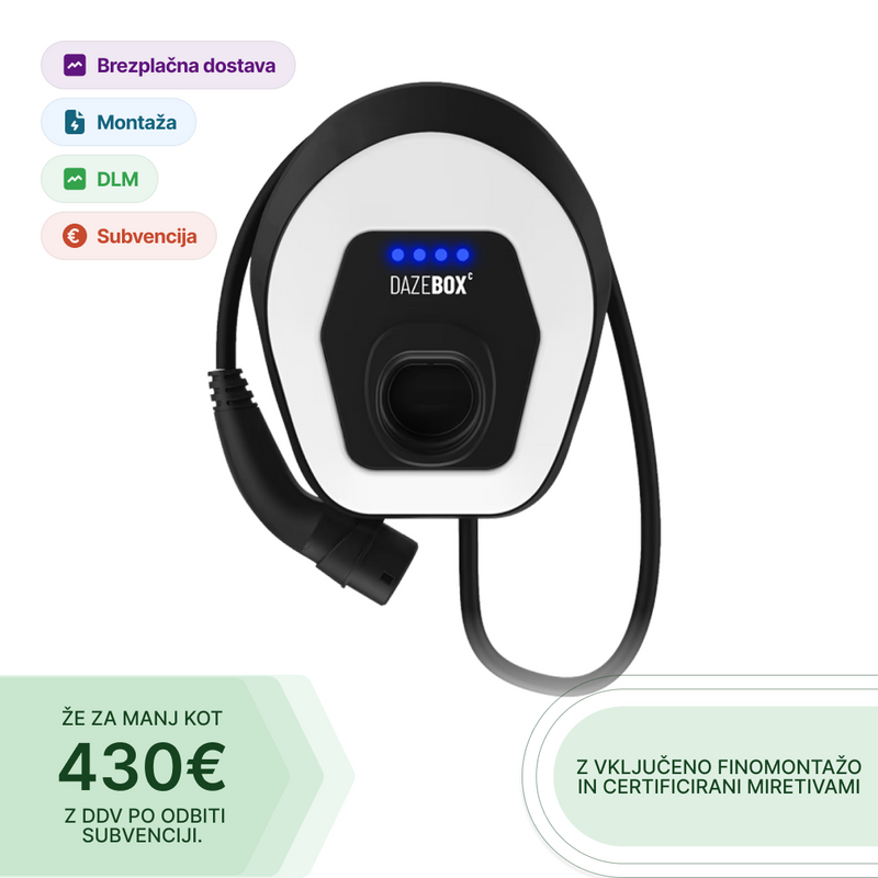 Polnilnica Dazebox C do 22 kW, Type 2 s kablom, DLM in vključena montaža za dom.